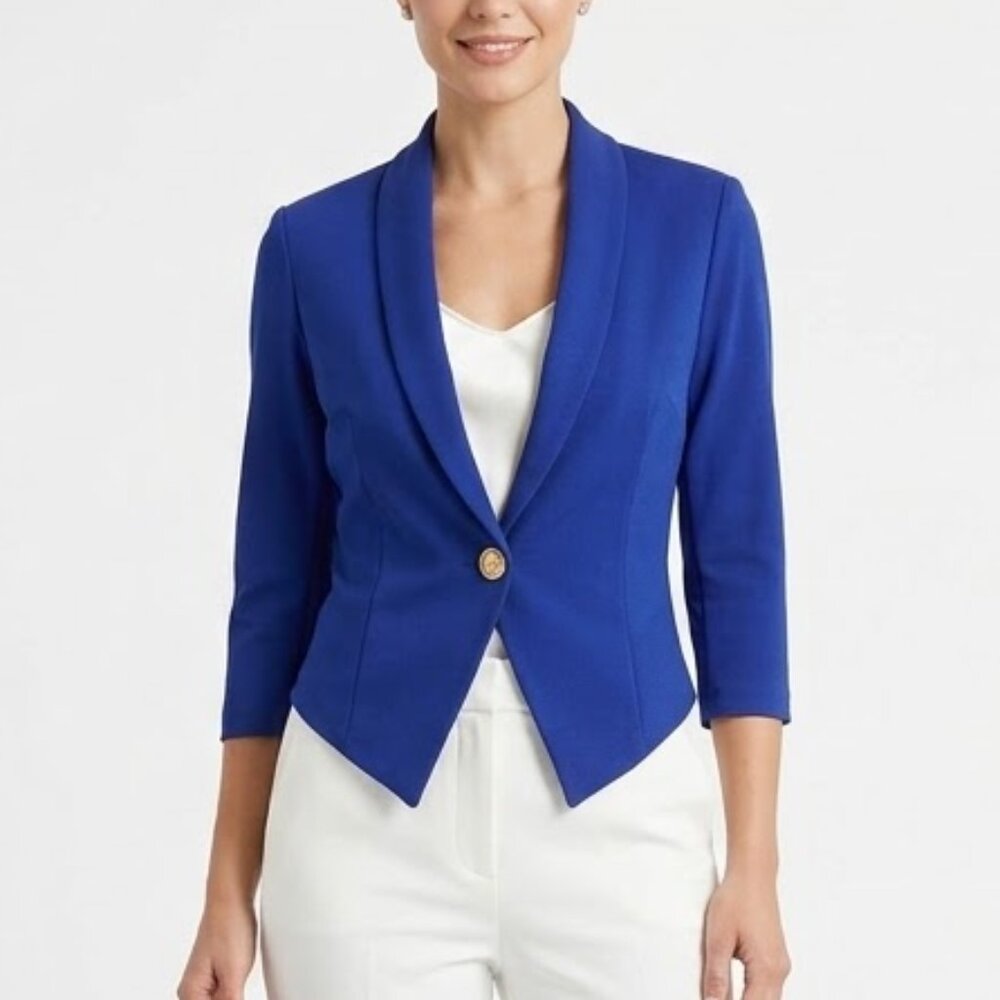Eyrey Royal Blue Shawl Collar Cropped Blazer Jacket Gold Button Made in USA S